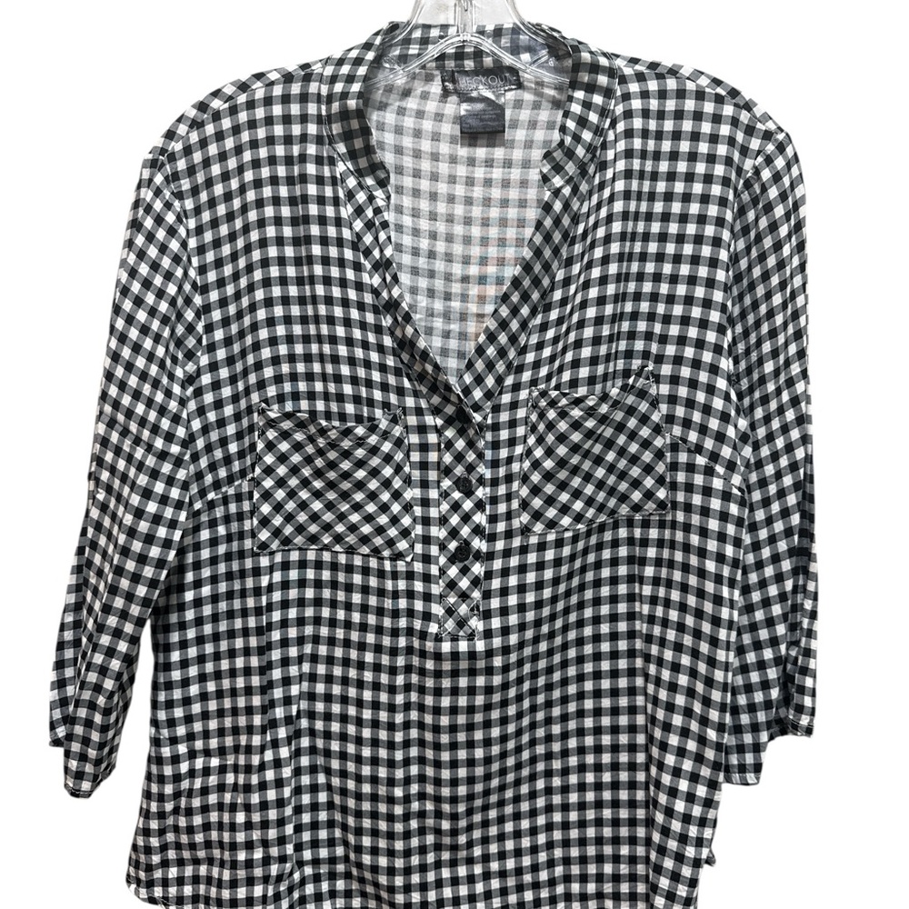 CheckOut Black & White Gingham Blouse | V-Neck 3/4 Sleeve | Size M - Picture 4 of 5